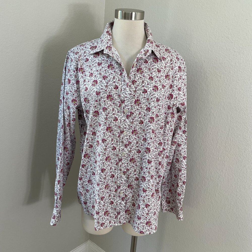 Lands End Womens Plus 18 No Iron Pinpoint Oxford Floral Shirt Long Sleeve Blouse